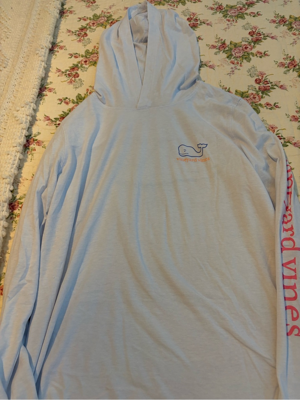 Vineyard Vines Light Blue Long-Sleeve Hooded Swim Shirt with Pink Sleeve Logo